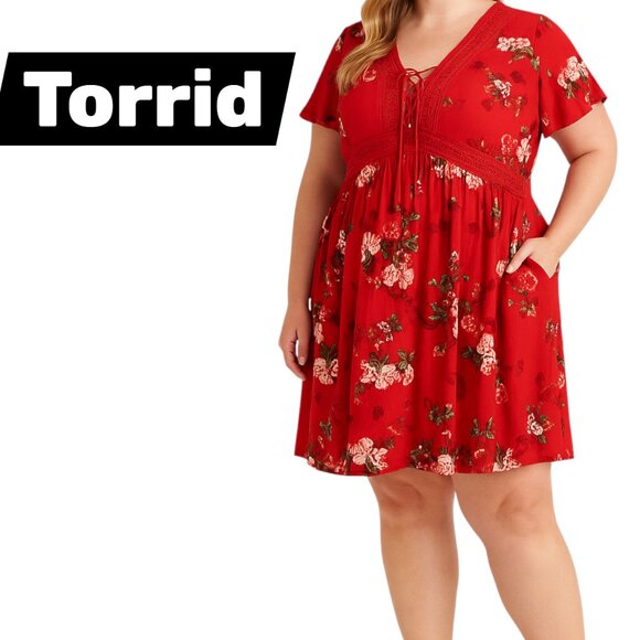 Torrid Red Floral Plus Size A-Line Dress Lace Detail w/ Pockets Size 2X - Picture 1 of 13